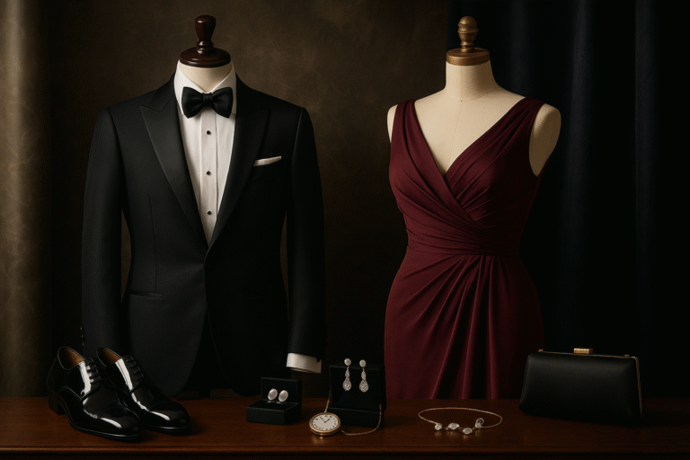 An elegant display of formal wear for special occasions, featuring a custom black tuxedo for men and a sophisticated burgundy evening gown for women. This black-tie attire is perfectly complemented by luxury accessories, showcasing complete outfits for a wedding, gala, or formal event.