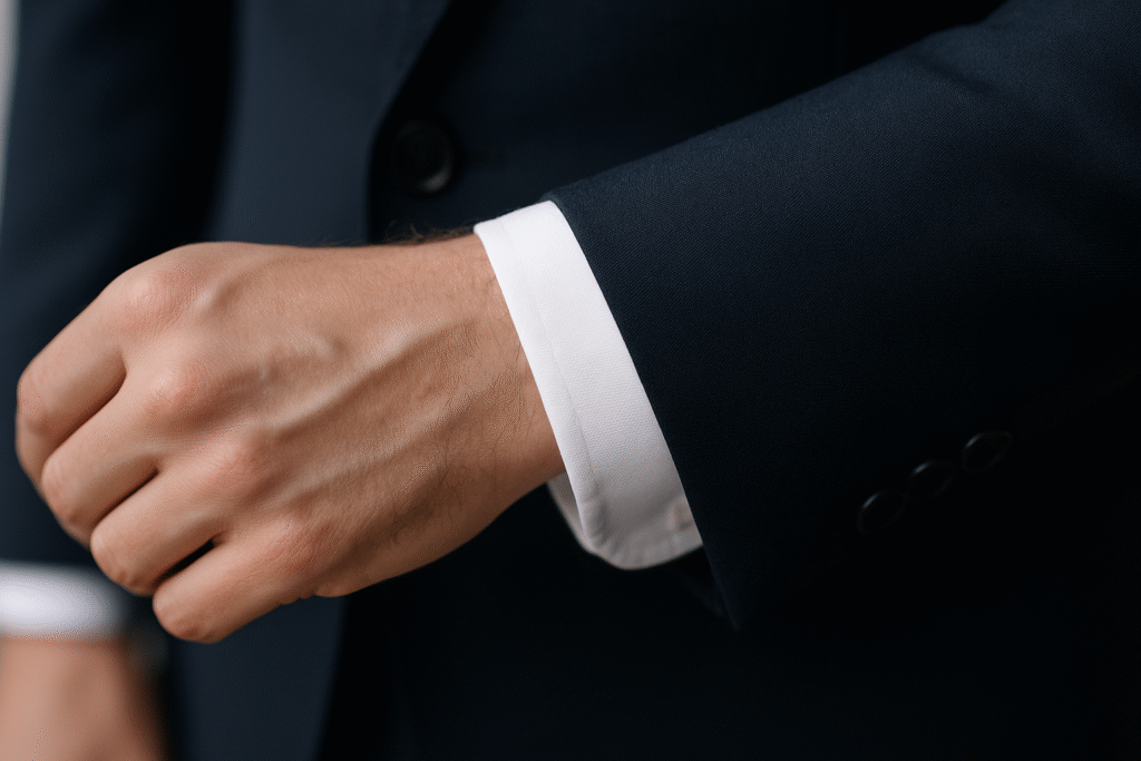 Suit jacket sleeve length showing shirt cuff, as how suit should fit
