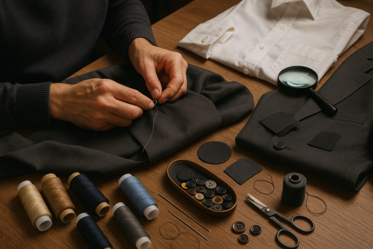 A skilled tailor performing professional clothing repairs, carefully hand-stitching a dark suit jacket. The workspace, complete with an array of threads, buttons, and fabric patches, demonstrates the meticulous process of expert garment restoration.