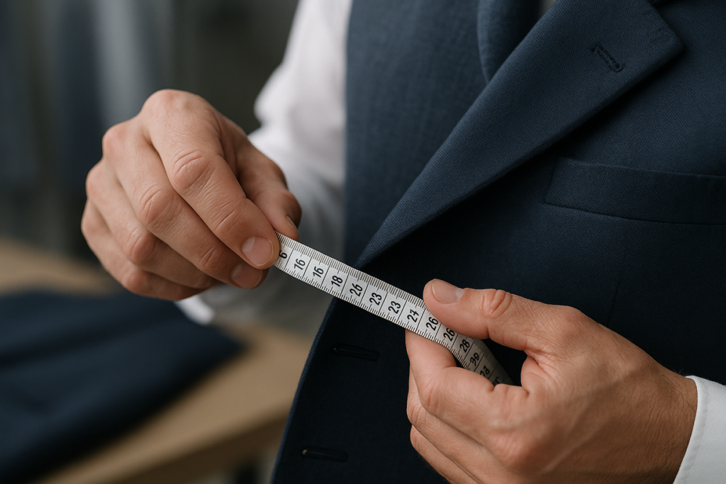 Tailor measuring How Should a Suit Jacket Fit with a measuring tape